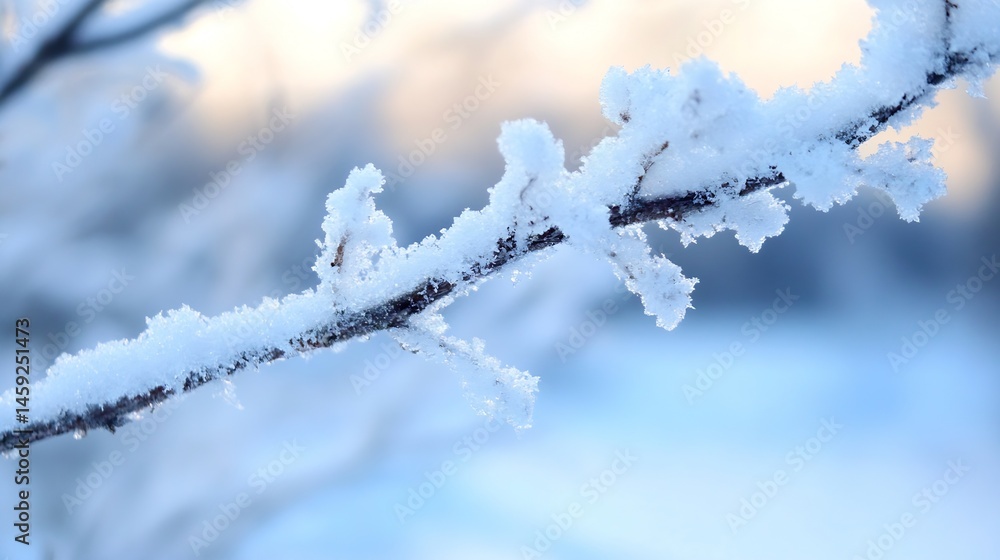 Aufkleber close-up of a snow-covered branch, showcasing intricate ice crystals and a soft, blurred winter back
