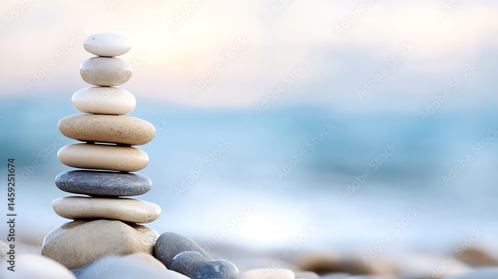 Poster Serene Stack of Smooth Beach Stones Balanced on a Pebble Shore Against a Soft Blue Ocean Background. : Generative AI