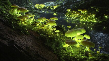 Glowing mushrooms on a mossy surface in a dark forest environment.