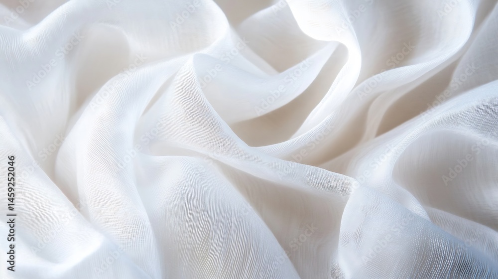Poster close-up view of elegant, flowing white fabric with subtle texture, showcasing its soft, delicate dr
