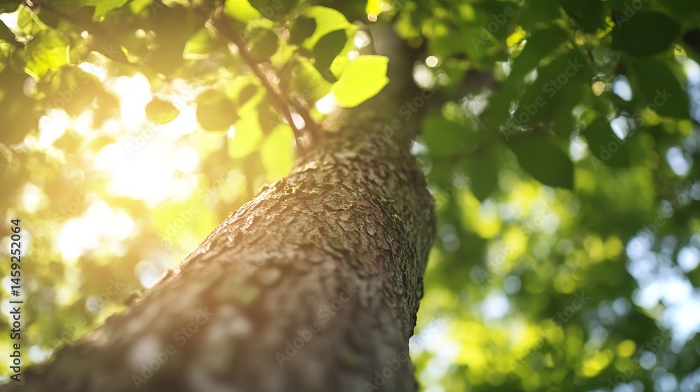 Aufkleber sunlight filters through lush green leaves, illuminating the textured bark of a tree trunk from a lo