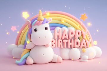 Naklejka premium Adorable cartoon unicorn sitting near a rainbow and happy birthday lettering, pastel colors, 3D render, magical, cute, whimsical birthday scene.