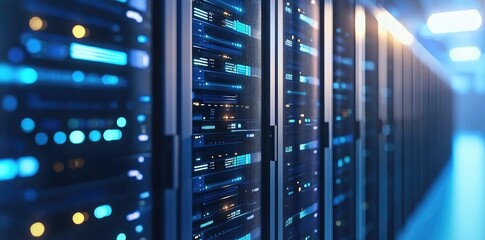 Blue-lit data center servers with multiple blinking lights, reflecting security, speed, and modern technology themes, great for IT, hosting, and tech blogs