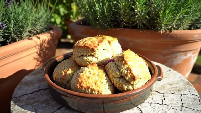 Freshly baked scones placed on a rustic wooden table, surrounded by vibrant green plants in pots - skones scones