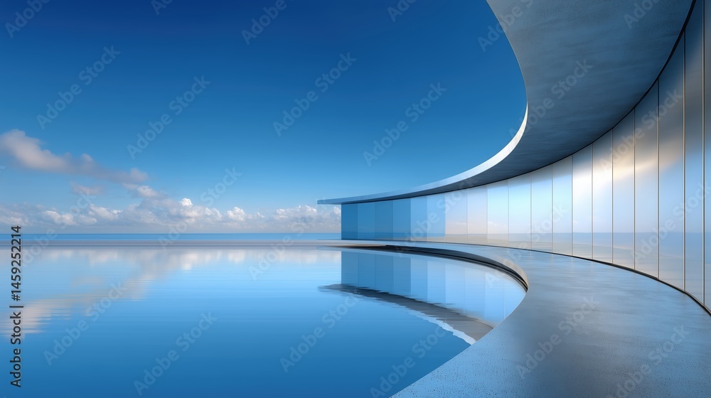 Poster 3D rendered abstract futuristic building with modern architecture concept against blue sky, reflective calm water surface and shiny metallic shapes creating copy space for design presentations. Minima