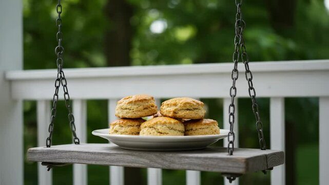 Freshly baked scones on a wooden swing hanging on a porch with a lush green background - skones scones