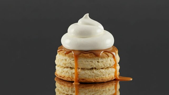 Delicious dessert featuring layered biscuit topped with whipped cream and caramel drizzle - skones scones