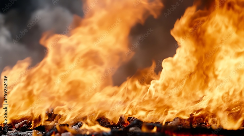 Poster Fiery orange flames engulfing dark embers, creating a dramatic and intense visual of burning coals and smoke. The texture is rough and the light is warm, creating a powerful image. : Generative AI