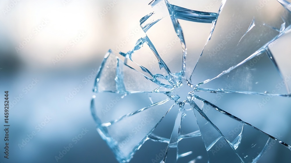 Leinwandbilder Shattered glass fragments create a radial pattern against a blurred blue and white background, showcasing sharp edges and translucent texture. : Generative AI