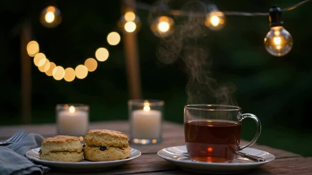 Cozy evening tea setup with scones on a wooden table, surrounded by glowing fairy lights and candles - skones scones