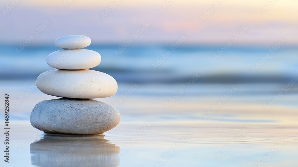 Poster Serene Stack of White and Gray Stones on a Calm Beach at Sunset, Reflecting in the Tranquil Water. : Generative AI