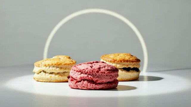 Two beautifully arranged scones, one traditional and one with vibrant pink filling, set against a minimalist background with soft lighting and a circular shadow - skones scones