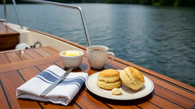 Freshly baked scones with butter and coffee on a boat deck by a serene lake, perfect for leisure moments - skones scones