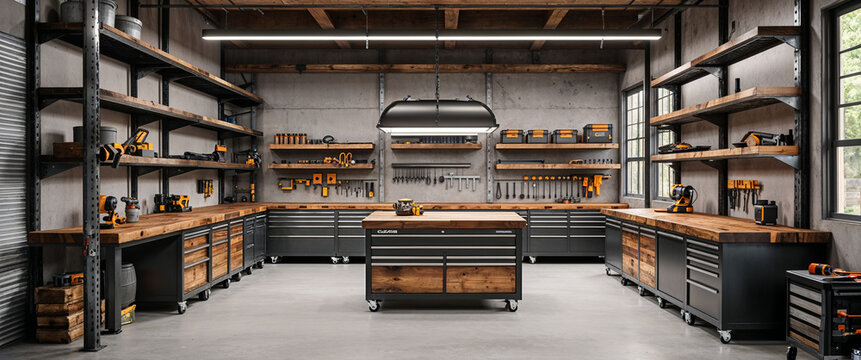 Modern workshop interior with organized workbenches and tools ready for various projects.