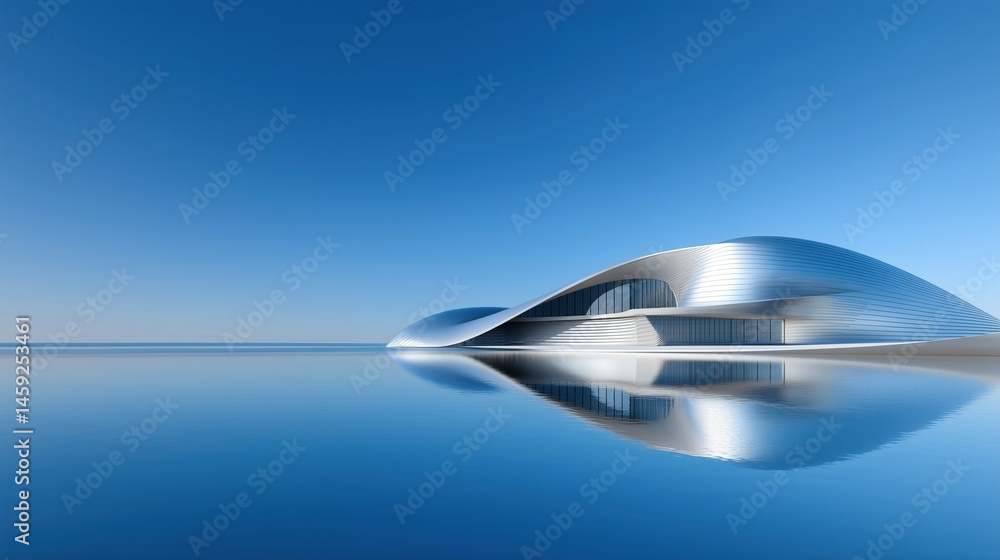 Poster 3D rendered abstract futuristic building with modern architecture concept against blue sky, reflective calm water surface and shiny metallic shapes creating copy space for design presentations. Minima