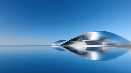 3D rendered abstract futuristic building with modern architecture concept against blue sky, reflective calm water surface and shiny metallic shapes creating copy space for design presentations. Minima