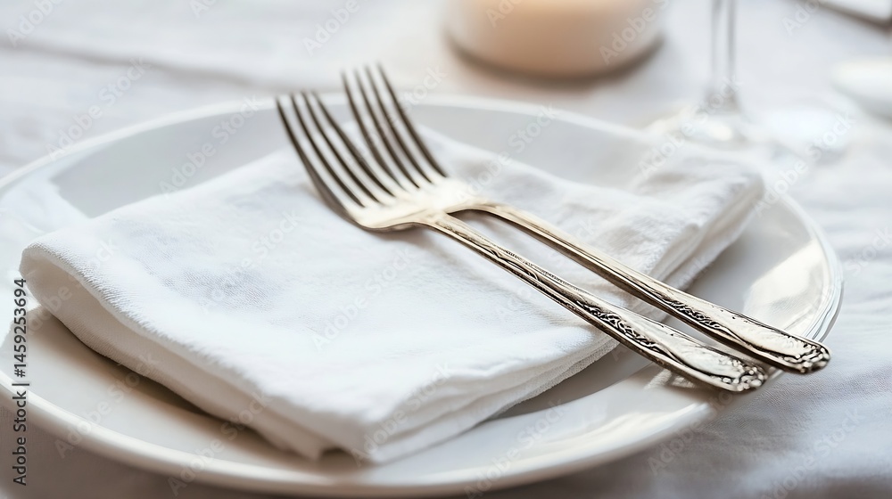 Poster elegant silver forks rest on a crisp white linen napkin, folded neatly on a pristine white plate, cr