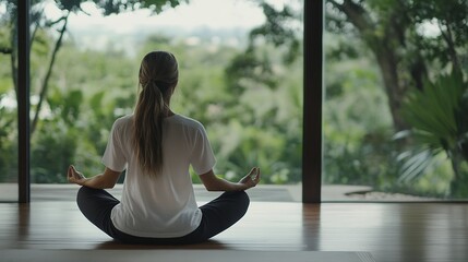 Woman meditating in lotus position, facing large window with lush green tropical view, peaceful serene atmosphere. : Generative AI