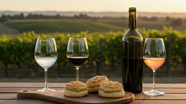 Elegant vineyard picnic featuring wine glasses and freshly baked scones against a sunset backdrop - skones scones