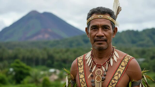 Portrait of an Indigenous Male Leader in Traditional Attire Against a Mountainous Landscape, Representing Cultural Heritage and Identity