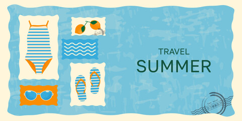 Horizontal summer background, banner template, postcard. Hand-drawn vector illustration: swimsuit, flip flops, lemons, sunglasses, waves. Orange and blue color palette.