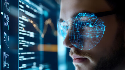 Futuristic Man with Digital Glasses Analyzing Data and Technology