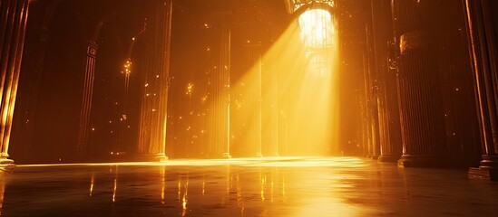 Golden hall bathed in sunlight, particles float in air