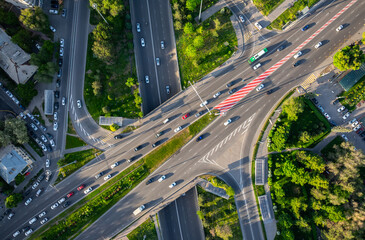 Road junction in Almaty, Kazakhstan, on a sunny spring evening