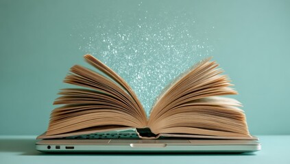 An open book sits atop a laptop, with magical sparkles rising, blending traditional reading with digital technology.