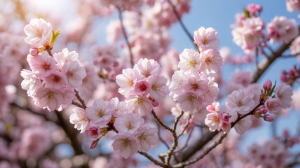 Pink cherry blossoms bloom on a tree branch in the spring, a beautiful display of pink flowers against the sky, cherry blossom in spring