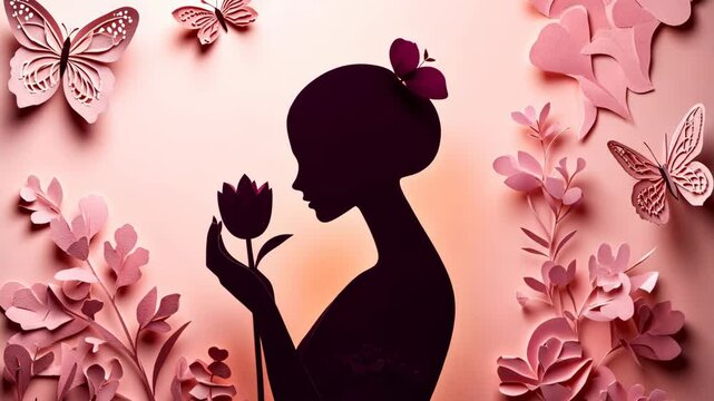 A graceful silhouette of a woman holding a flower is surrounded by delicate butterflies and flowers, on a pink background. This charming scene captures femininity and health care.