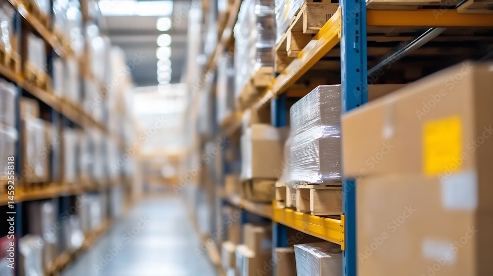 Leinwandbilder a long aisle in a warehouse shows rows of stacked pallets and cardboard boxes, a blurred perspective
