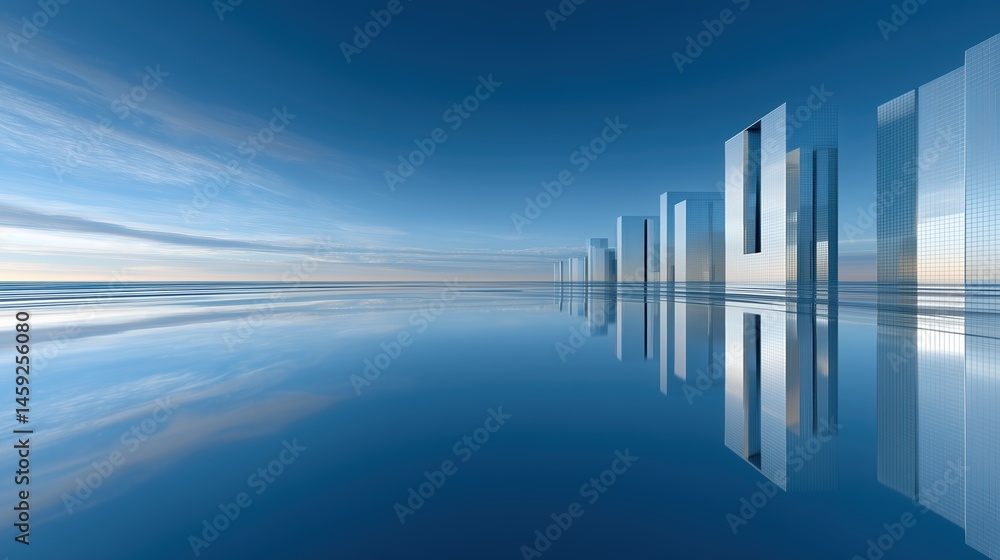 Poster 3D rendered abstract futuristic building with modern architecture concept against blue sky, reflective calm water surface and shiny metallic shapes creating copy space for design presentations. Minima