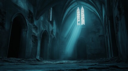 Naklejka premium Atmospheric interior of an abandoned building with sunlight streaming through stained glass windows in a forgotten room