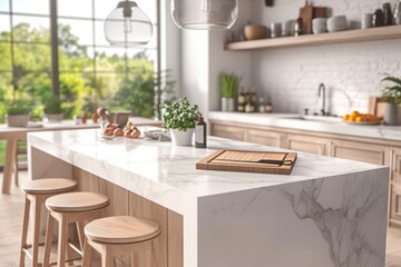 Bright Modern Kitchen with Marble Island and Wooden Stools