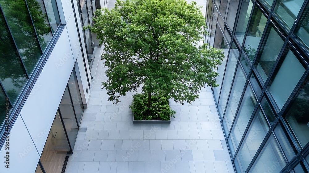 Leinwandbilder overhead view of a lush green tree planted in a modern building's courtyard, surrounded by light gre