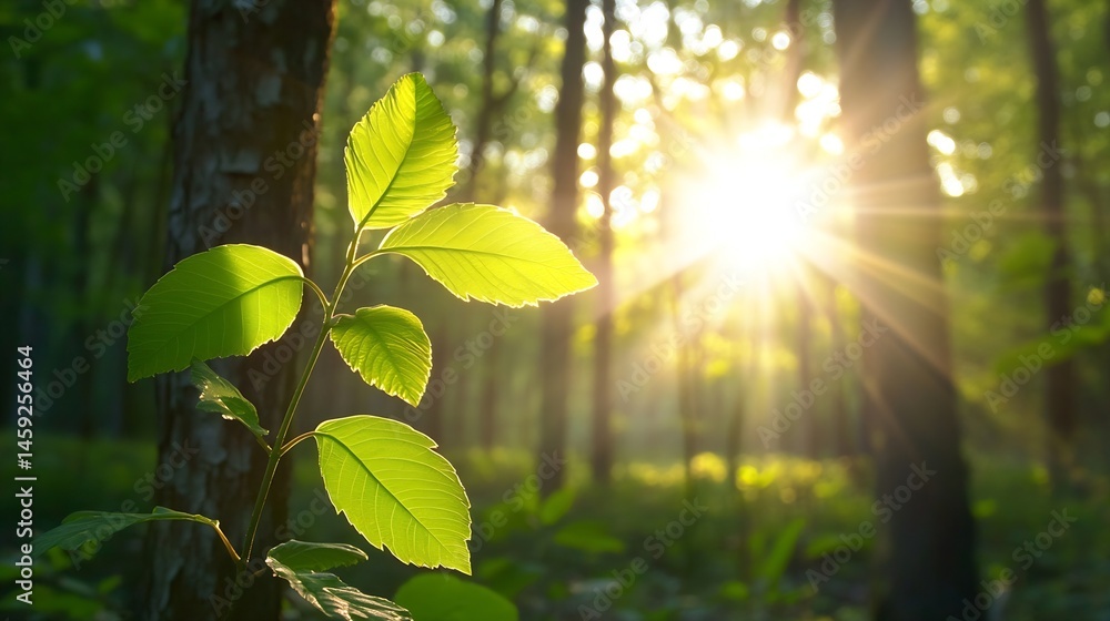 Poster young sprout with vibrant green leaves basking in the warm sunlight of a sun-dappled forest, creatin