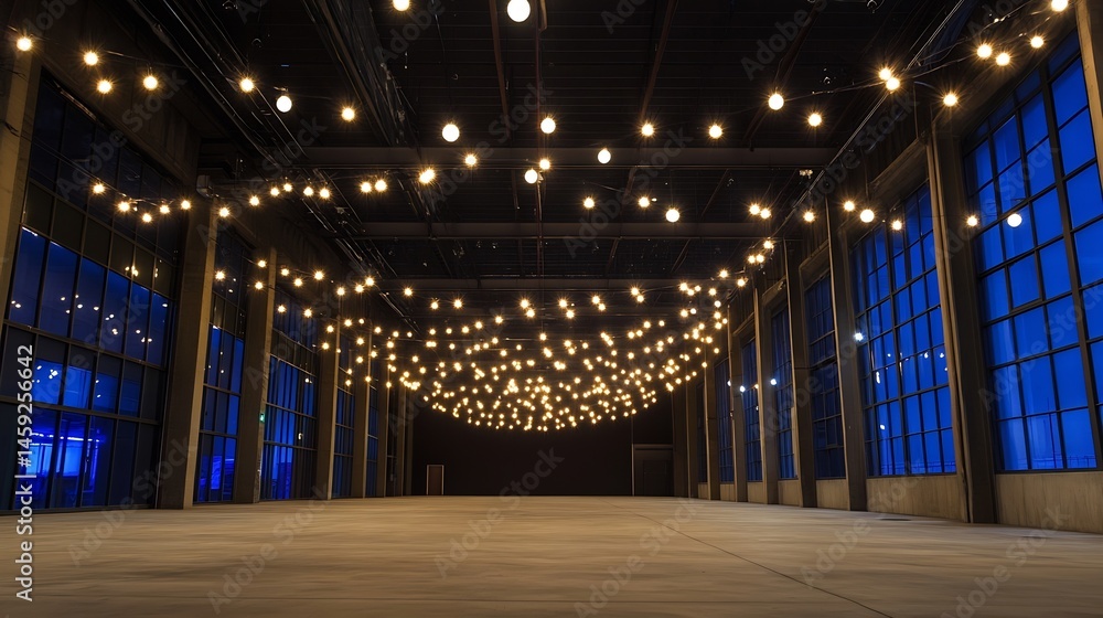 Poster large industrial space with string lights and large windows at night, perfect for event venue or par