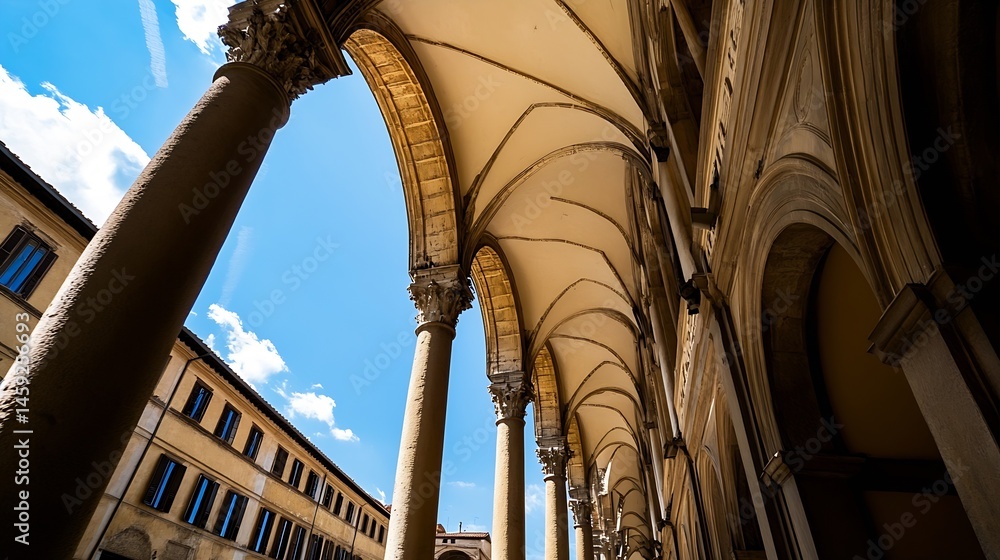 Leinwandbilder a low-angle view showcases a series of elegant arches and columns under a bright blue sky, creating 