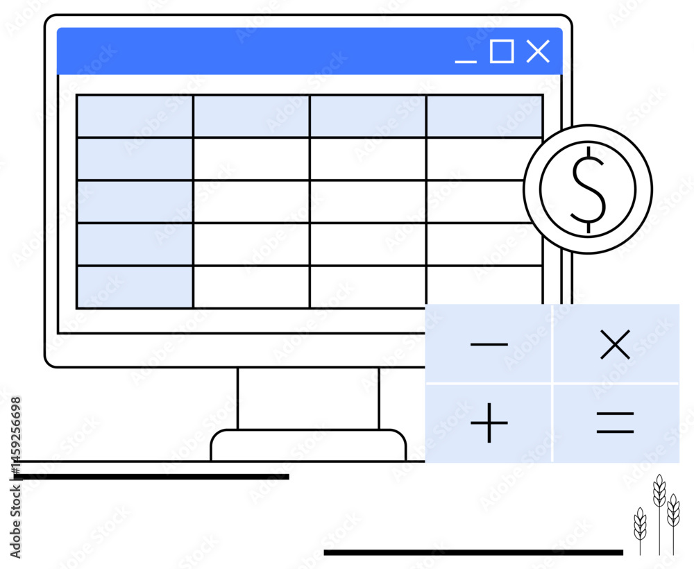 Poster spreadsheet displayed on monitor with financial symbols and calculator grid. ideal for accounting, f