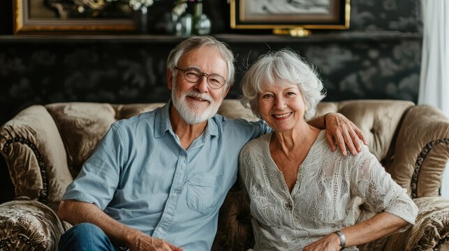 A senior couple sitting on a plush sofa, researching online health tips and discussing ways to stay active as they age
