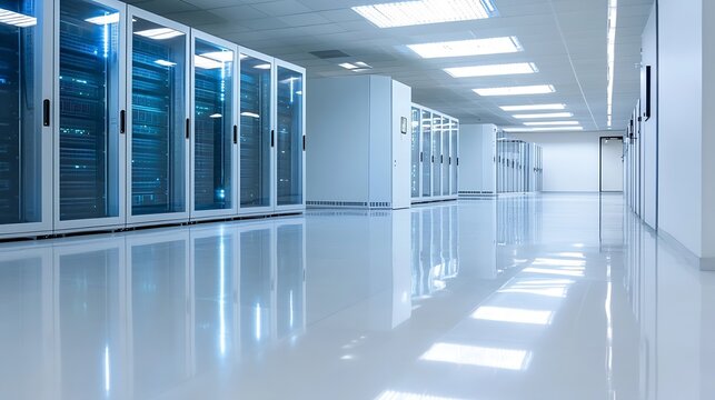 Modern data center server room with rows of sleek, glass-fronted cabinets reflecting in a polished floor under bright fluorescent lighting. : Generative AI - Powered by Adobe
