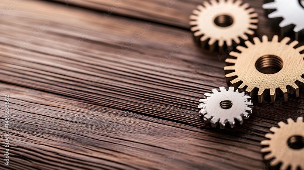 Leinwandbilder close-up of metallic gears on dark brown wooden surface, showcasing intricate details and textures. 