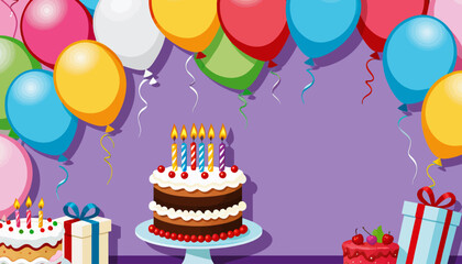 Colorful Balloons and Cakes Birthday Background_Party Celebration with Gifts and Sweets_Festive Purple Backdrop for Birthday Invitations or Social Media Posts