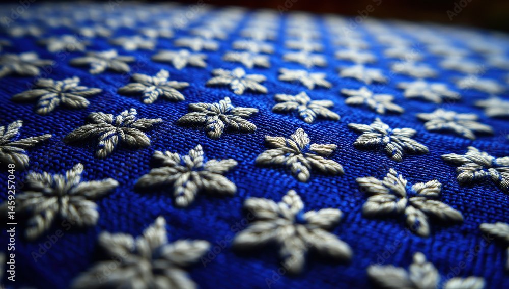 Aufkleber close-up view of intricate silver thread embroidery depicting a repeating star pattern on a rich blu