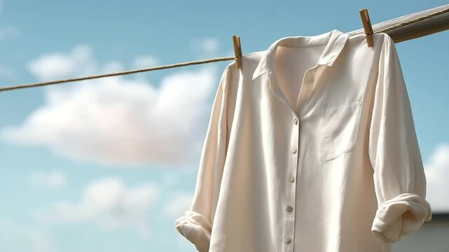 Sun-kissed linen shirt hanging on clothesline in summer breeze