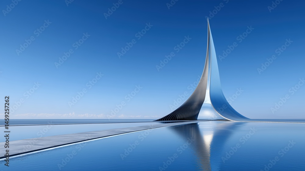 Poster 3D rendered abstract futuristic building with modern architecture concept against blue sky, reflective calm water surface and shiny metallic shapes creating copy space for design presentations. Minima