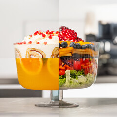 Colorful dessert and salad display in a modern kitchen setting with bright natural light