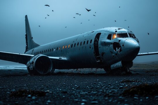 Damaged plane wreckage on a dark beach, surrounded by birds.  Birds fly overhead, lit by pale light.  Metal plane, dented and scarred, rests on black volcanic sand - Powered by Adobe