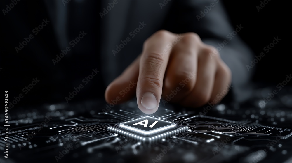 Poster a man interacting with a glowing ai icon over a futuristic electronic circuit board, symbolizing gen